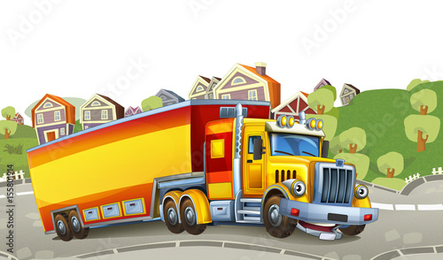 cartoon happy cargo truck with trailer driving through the city © honeyflavour