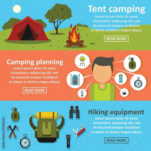 Hiking travel banner horizontal set, flat style