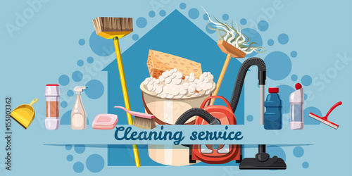 Cleaning service banner horizontal, cartoon style