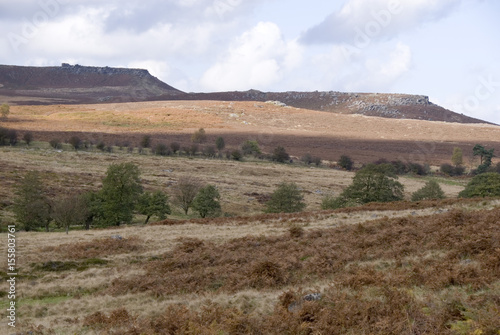 Moorland scenic : view of Carl Wark from the Longshaw Estate, Peak District, Derbyshire, UK