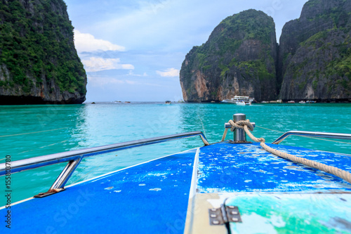 speed boat and blue water at Maya bay in Phi Phi Island, Krabi Thailand