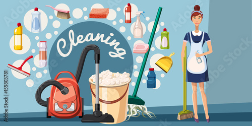 Cleaning tools banner horizontal, cartoon style