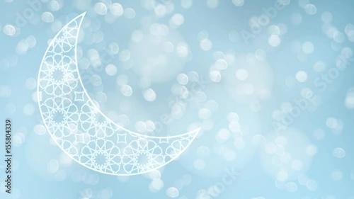 Ornamental Arabic half moon with glittering bokeh lights on the blue blurred background. Loopable Ramadan graphic animation.