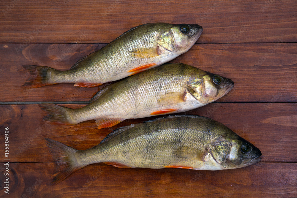 A few fresh perch fish on a wooden surface A few fresh perch fish on a wooden surface