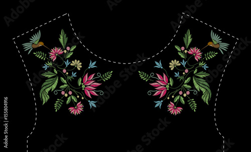 Satin stitch embroidery design with flowers and birds. Folk line floral trendy pattern for dress neckline. Ethnic fashion ornament for neck on black background.