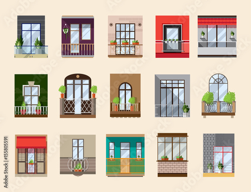 Balconies set. Collection with building facade elements in vintage and modern style. vector flat illustration.
