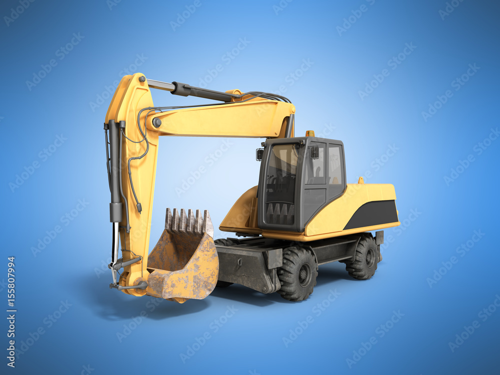 Yellow wheels Bulldozer 3d render on blue Yellow wheels Bulldozer 3d render on blue