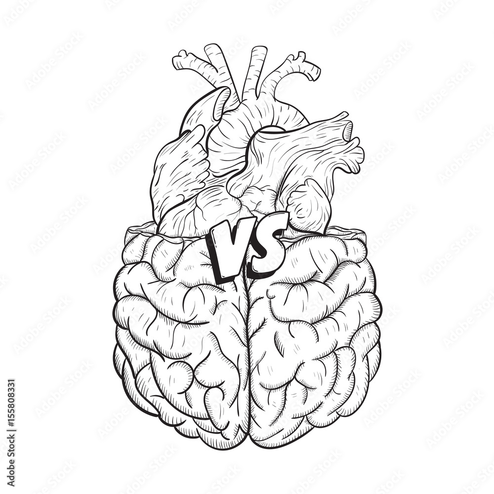 Heart vs brain. Concept of mind against love fight, difficult choice