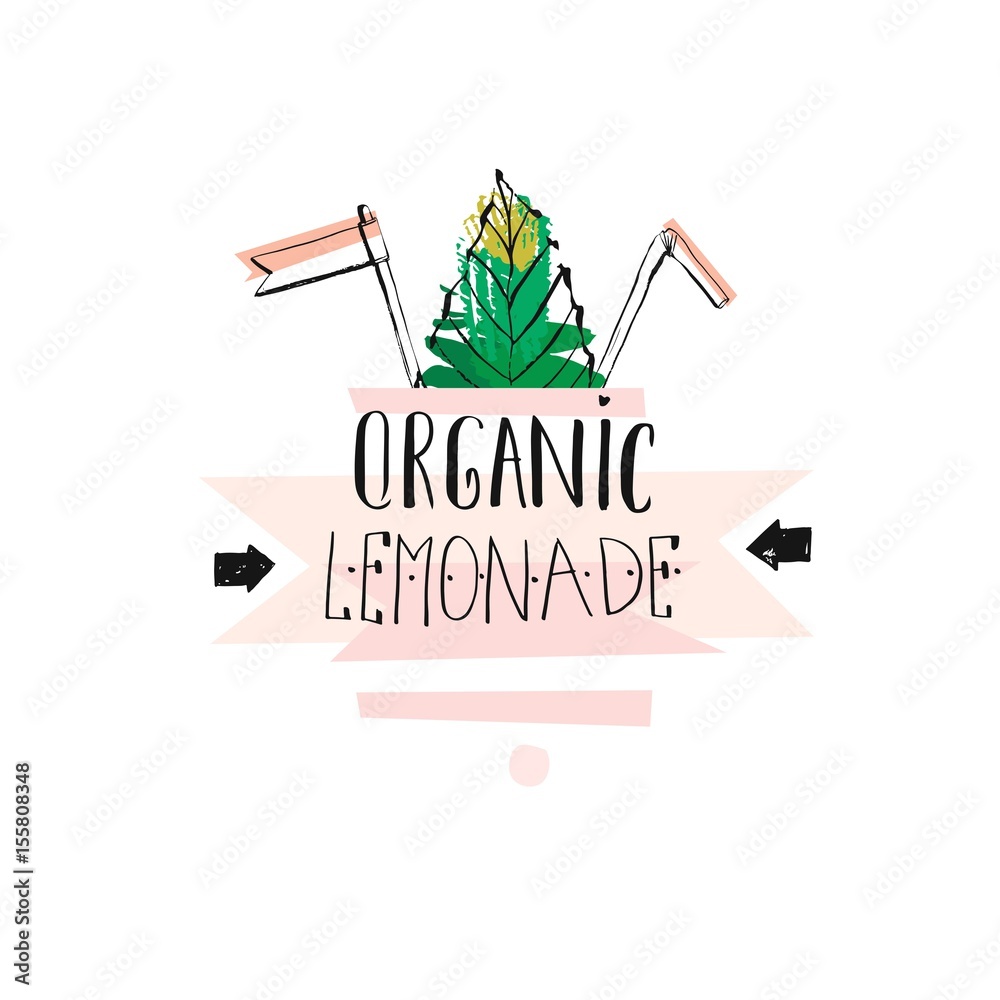 Hand drawn vector creative unique Lemonade sign with mint leaves,arrows and handwritten modern calligraphy quote Organic lemonade isolated on white background.Fresh Farm Market logo design,stamp,sign.