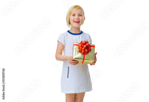 happy trendy child on white showing Christmas present box