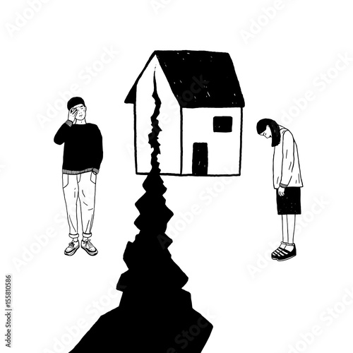 Concept of divorce, crack in relationships, family split. Sad girl and guy after parting. Vector black and white hand drawn illustration.