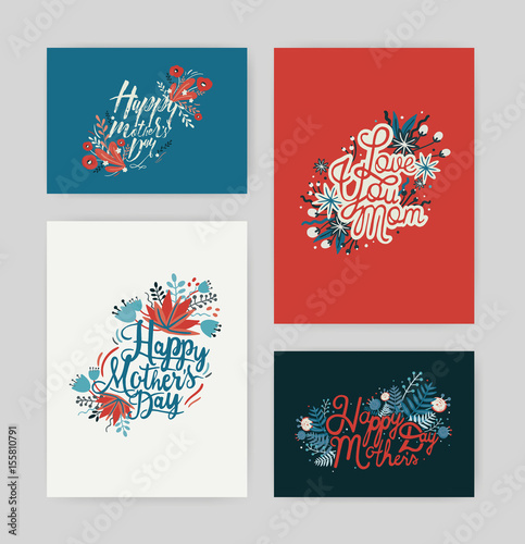 Set of postcards with inscription happy mother s day and love you mom. Horizontal and vertical card with hand drawn lettering and flowers
