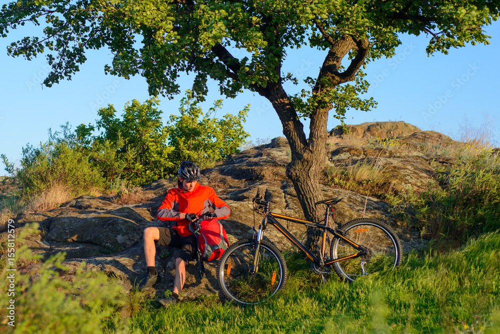 Obraz premium Cyclist in Red Jacket and Helmet Resting near Mountain Bike on Rocky Hill under Beautiful Green Tree. Adventure and Travel Concept.