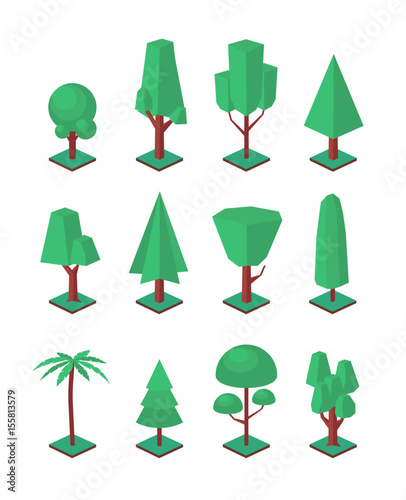 Isometric trees set. Vector objects for landscape construction kit. Simple shape 3d nature elements collection.
