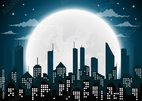 Silhouette of the city and night with  full moon at the sky.vector