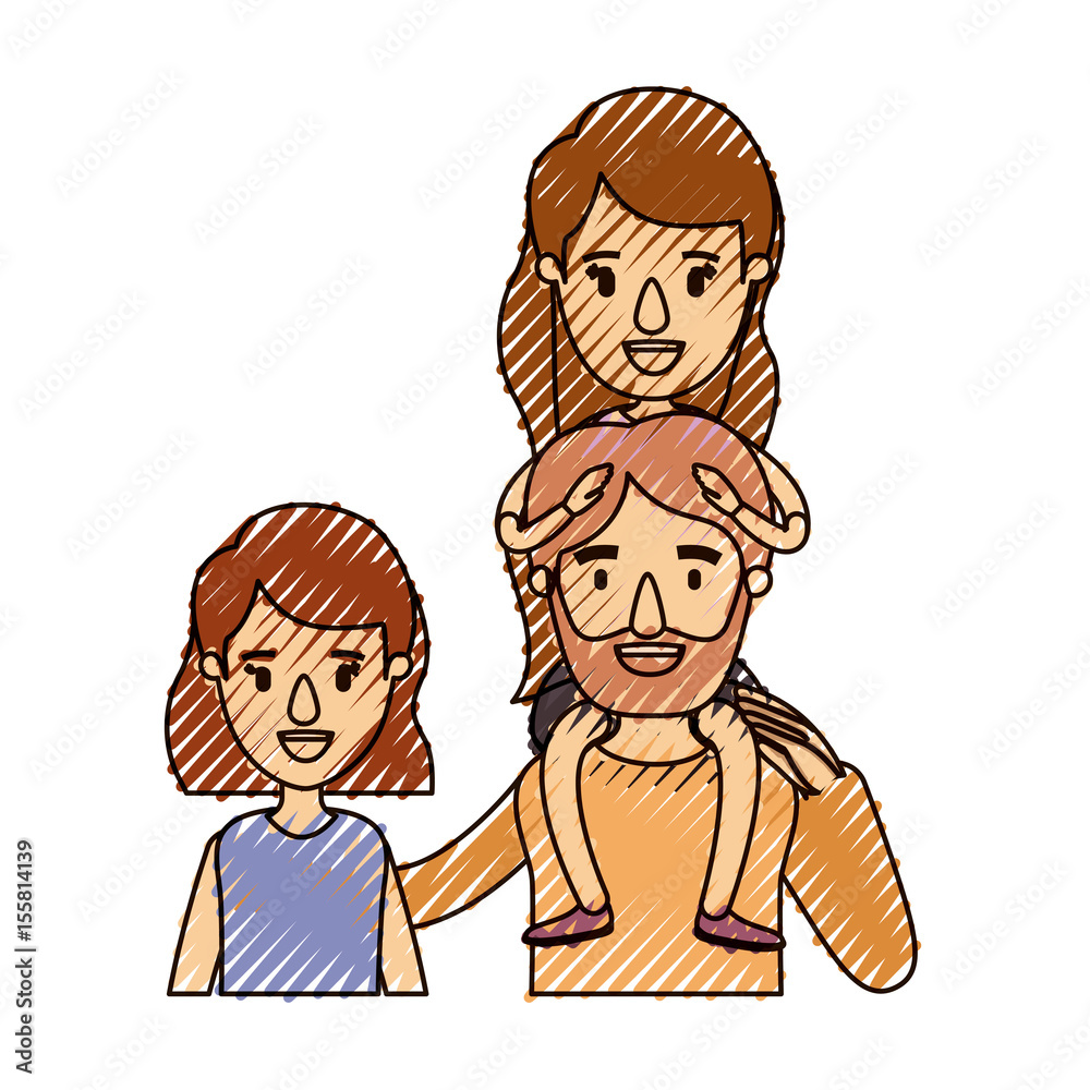 color crayon stripe caricature half body family with short hair woman and bearded man with girl on his back vector illustration color crayon stripe caricature half body family with short hair woman and bearded man with girl on his back vector illustration