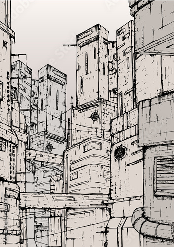 Cyberpunk city. fantastic buildings constructions. Hand drawn monochrome illustration.