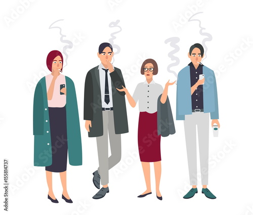 Smoking room. Different office people on smoke break. Man and woman with cigarettes. Vector illustration in flat style.