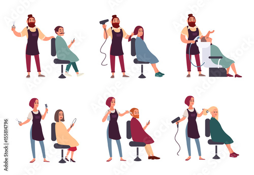 Set of different hairdresser. Trendy man and woman in barbershop, hairdressing salon. Services makes styling, dries, washes, cuts hair and mustache collection. vector illustration in flat style.