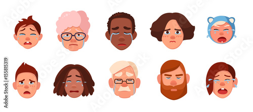 Set of faces crying person. Different sad people, children, young, adults, old collection. Colorful vector illustration in cartoon style.