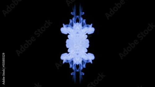 Ink kaleidoscope is abstract ink background like Rorschach inkblot test3. Blue ink or smoke isolated on black in slow motion. Blue tint dissolve in water.For alpha channel use luma matte as alpha mask photo