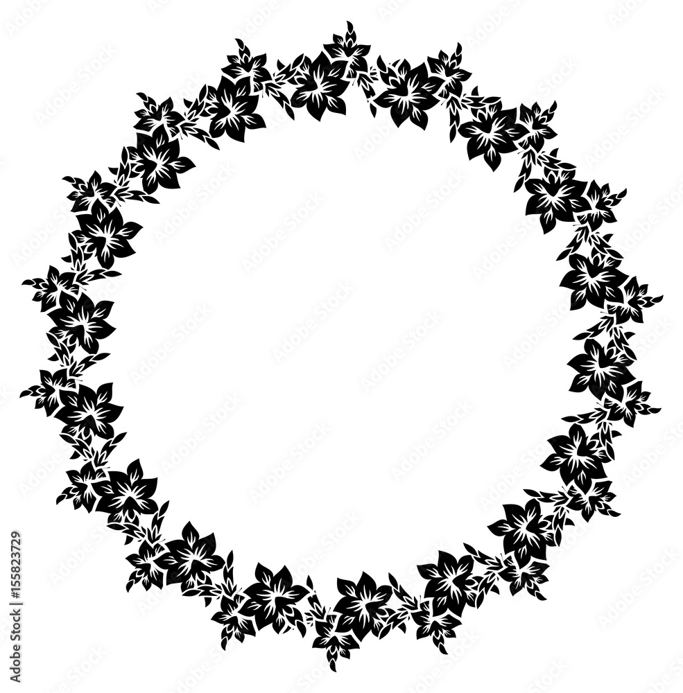 Black and white round silhouette label with decorative flowers.  Vector clip art