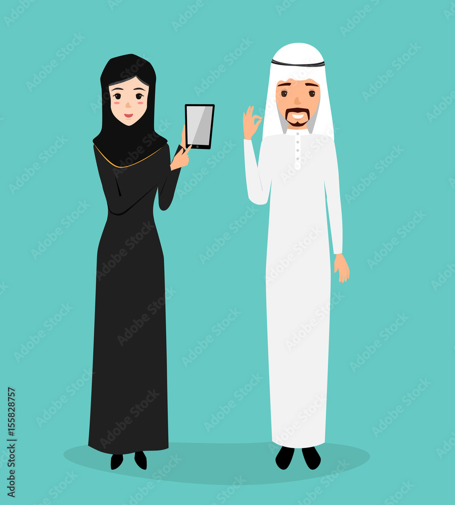 Arab woman showwing a mobile phone to arab man. Vector character. Arab woman showwing a mobile phone to arab man. Vector character.