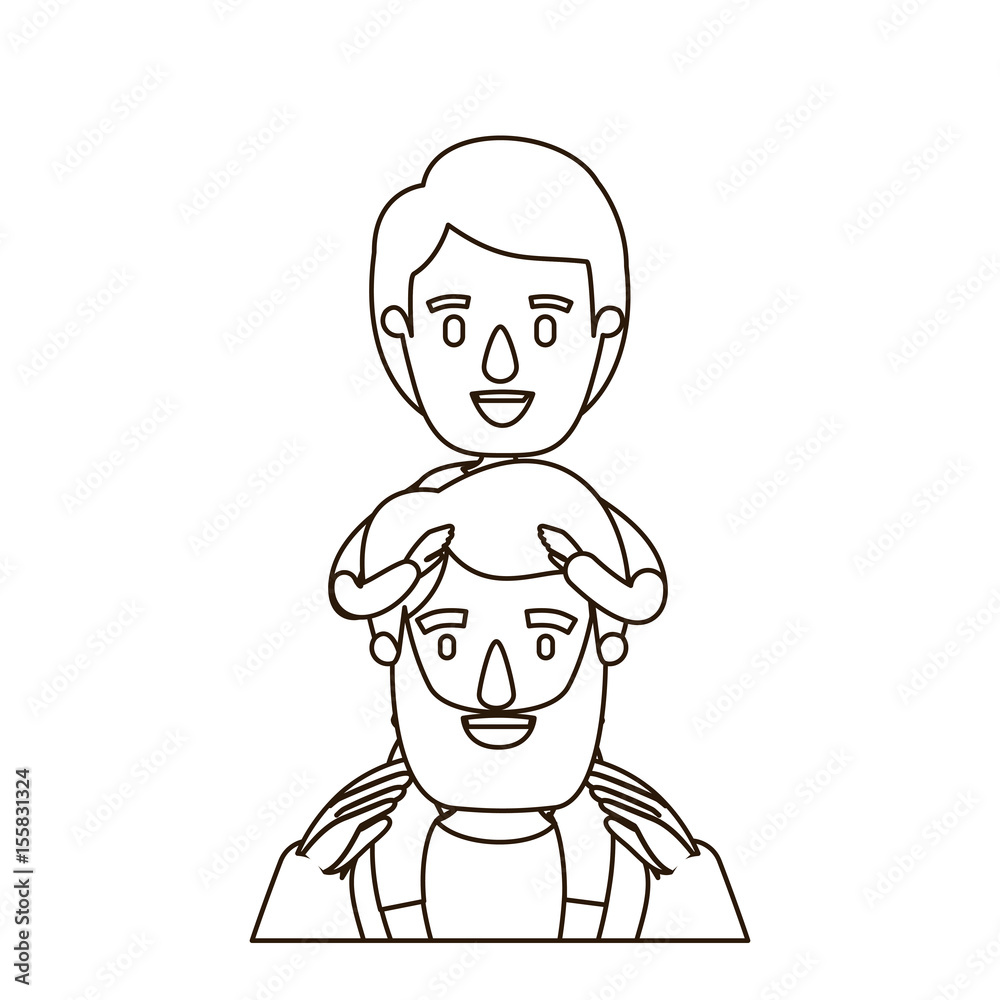 sketch contour caricature half body bearded father with boy on his back vector illustration
