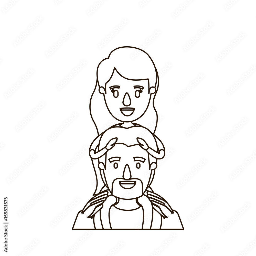 sketch contour caricature half body bearded father with moustache and girl on his back vector illustration