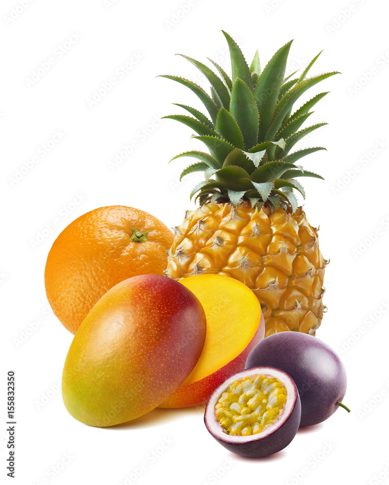 Pineapple, mango halved, orange, passionfruit isolated Pineapple, mango halved, orange, passionfruit isolated