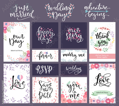Wedding invitation card suite with flower templates day handmade lettering pr...