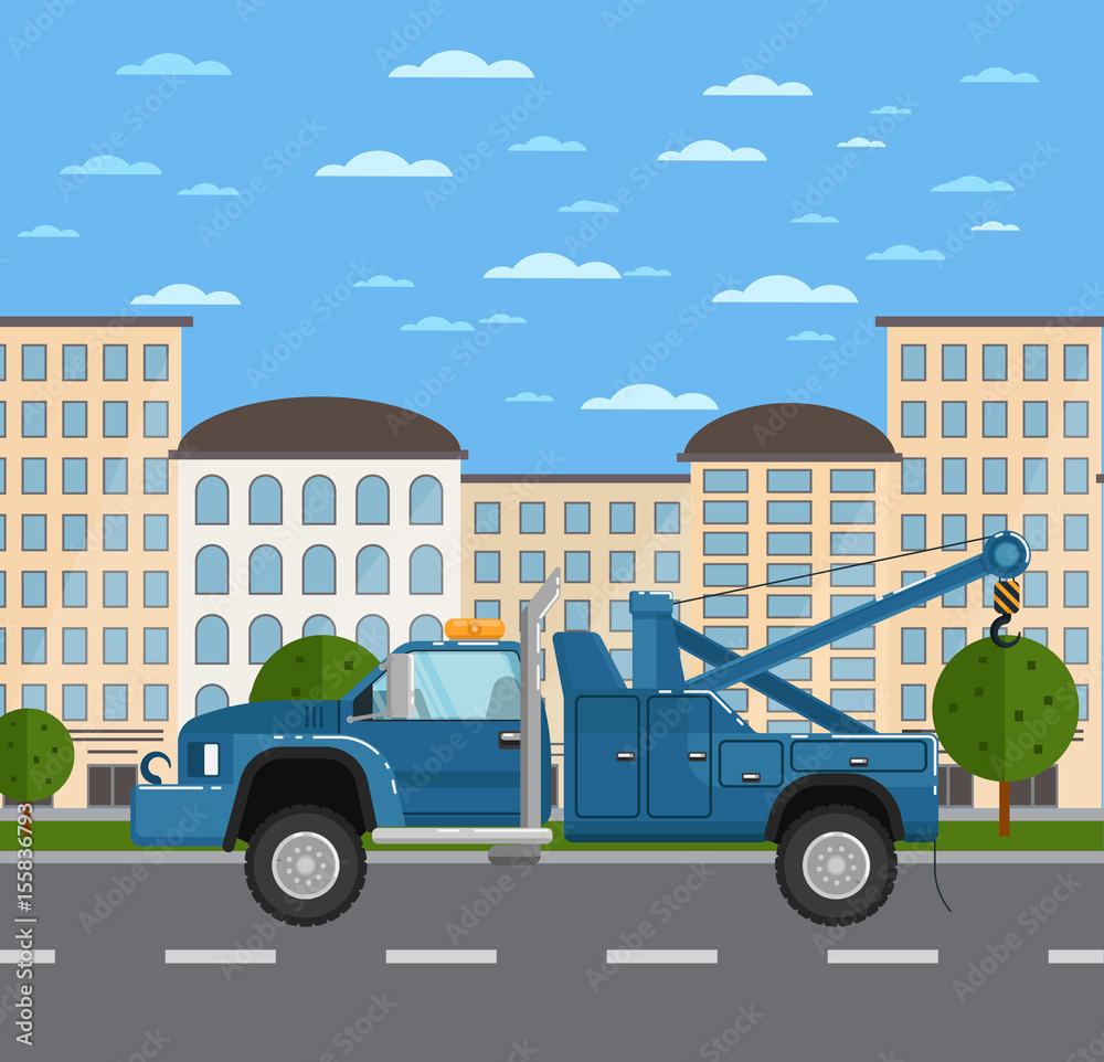 Tow truck or car evacuator on road in urban landscape. Service auto vehicle, emergency transport, urban roadside assistance. City street road traffic vector illustration, cityscape background