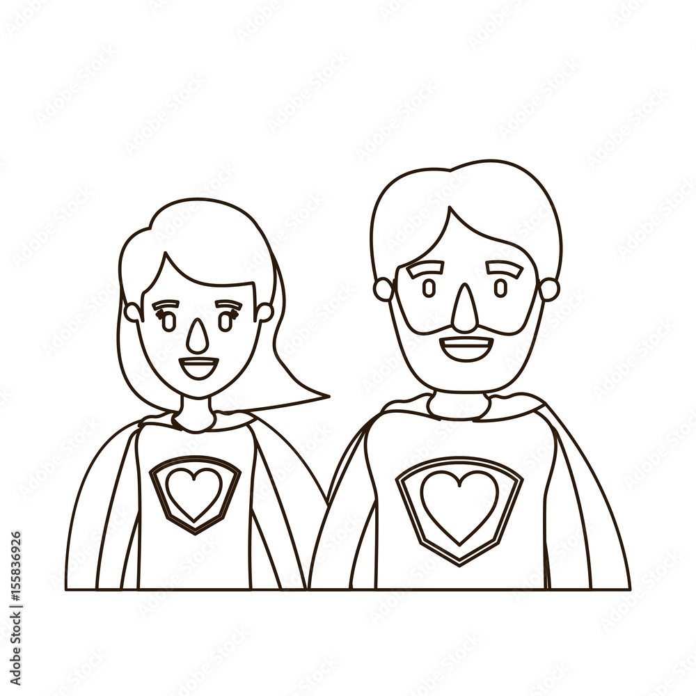 sketch contour caricature half body couple parents super hero with heart symbol in uniform vector illustration sketch contour caricature half body couple parents super hero with heart symbol in uniform vector illustration