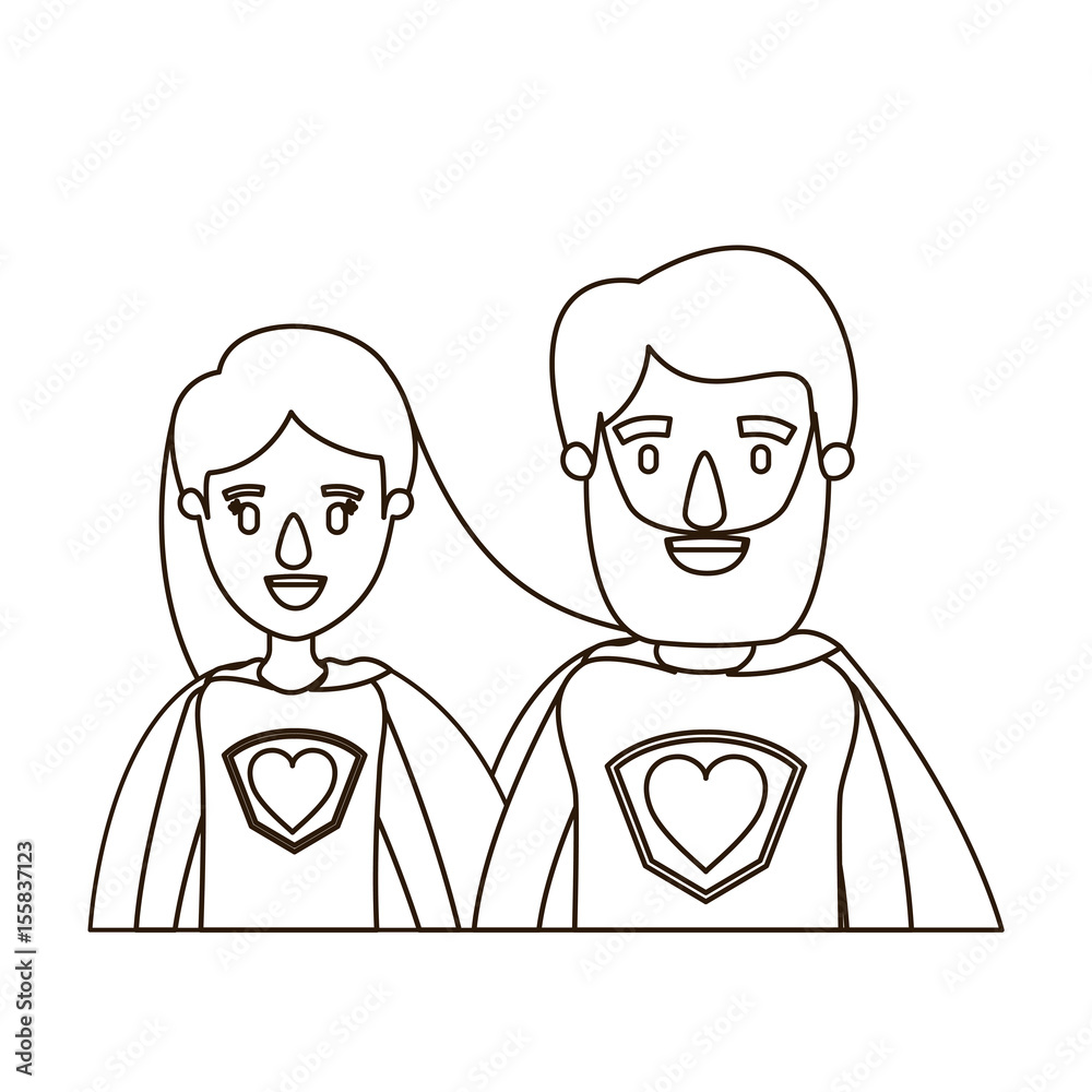 sketch contour caricature half body couple female and male super hero with heart symbol in uniform vector illustration sketch contour caricature half body couple female and male super hero with heart symbol in uniform vector illustration