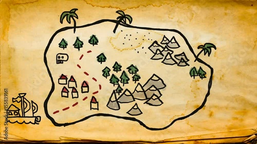 Childish hand drawn treasure map illustration. High quality animation. Seamless loop. 1080p 60fps