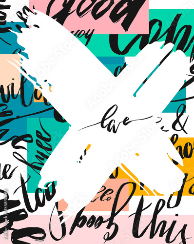 Hand drawn vector abstract template card on modern background with diferent words and big white cross with word love.