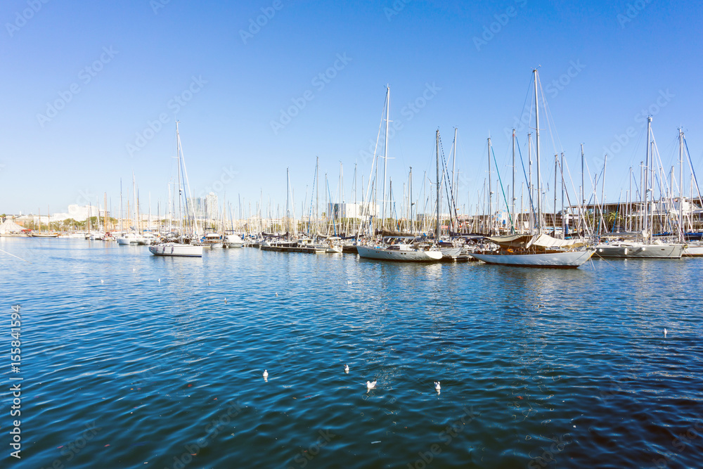 BARCELONA SPAIN - February 9, 2017: harbor with boats in Barcelona, is the capital city of the autonomous community of Catalonia in the Kingdom of Spain,February 9, 2017 in Barcelona Spain.