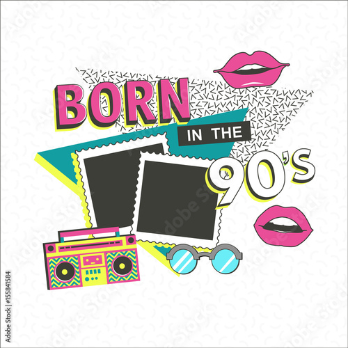 Template memphis poster with photo frame, lips and geometric ornaments elements. Back to the 90 s. Vector background in trendy 80s-90s.