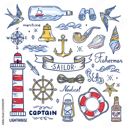 Sailor hand drawn elements. Nautical illustrations: lighthouse, sea waves, captain objects, seashells photo