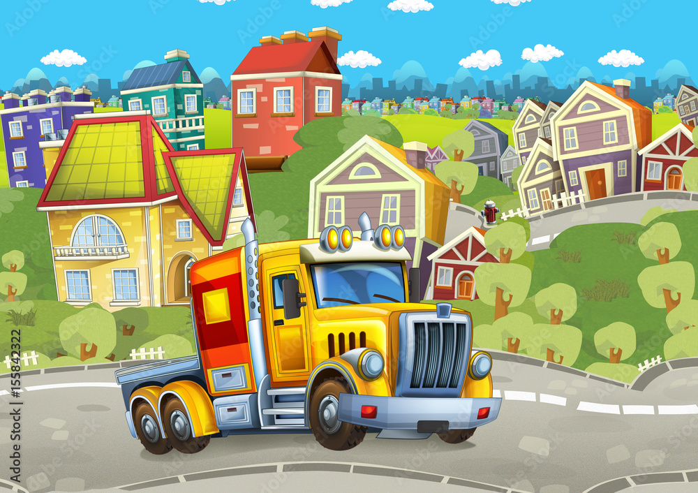 Fototapeta kreskówka szczęśliwy ładunek ciężarówki bez przyczepy jazdy przez miasto