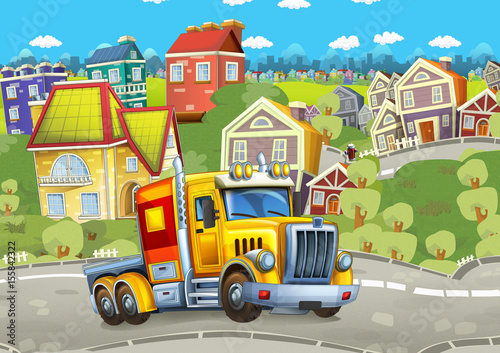 cartoon happy cargo truck without trailer driving through the city © honeyflavour