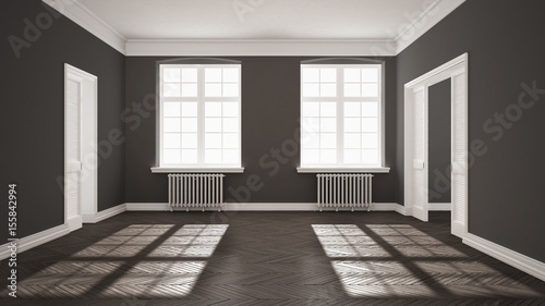 Empty room with parquet floor, big windows, doors and radiators, white and gray interior design