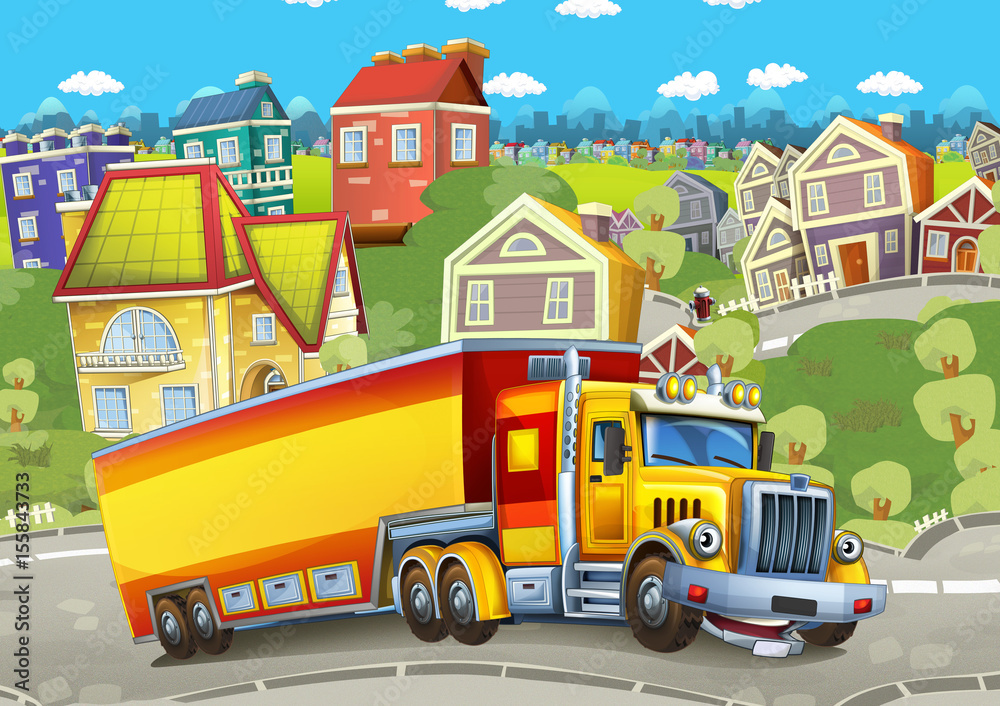 Fototapeta kreskówka szczęśliwy ładunek ciężarówki z przyczepą jazdy przez miasto