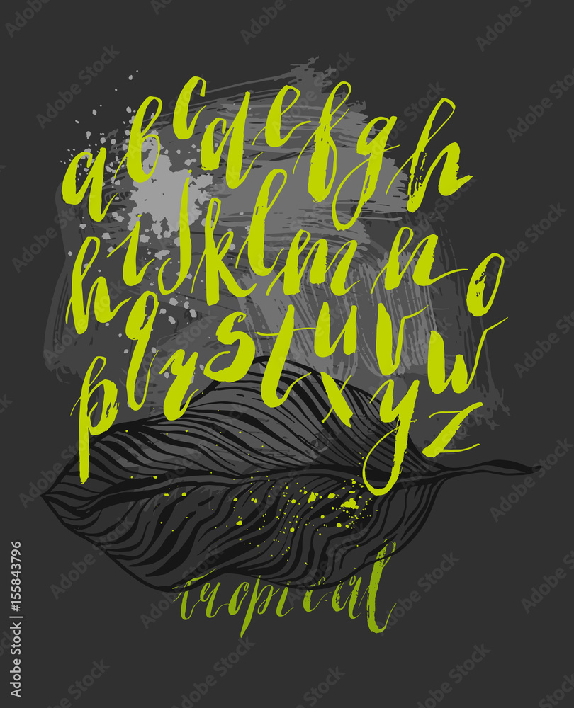 Fototapeta premium Hand drawn vector abstract textured set with graphic ink palm leafs and handwritten green lettering calligraphic tropical script font isolated on black chalkboard background