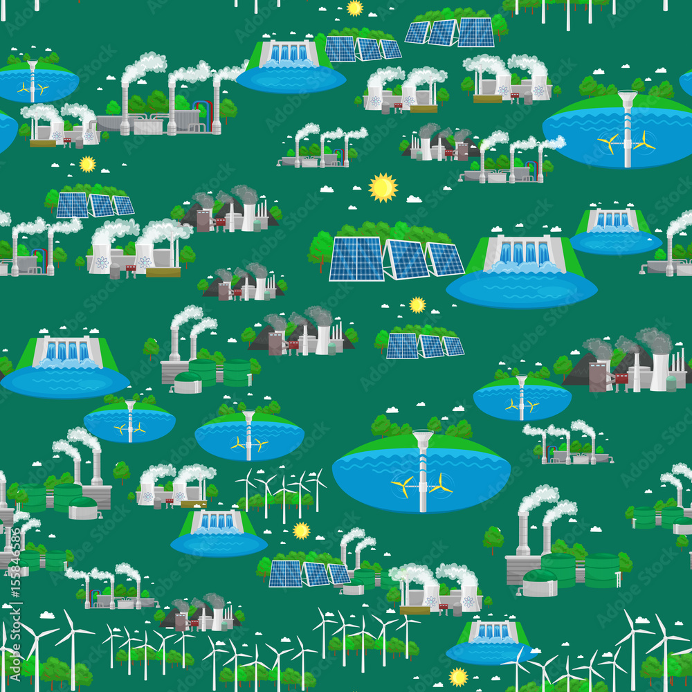 seamless pattern alternative energy green power, environment save, renewable turbine energy, wind and solar ecology electricity, ecological industry vector illustration