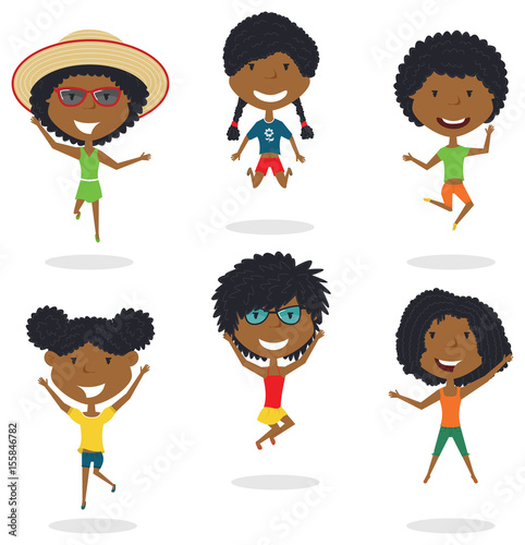 Happy African-American cartoon girsl jumping.