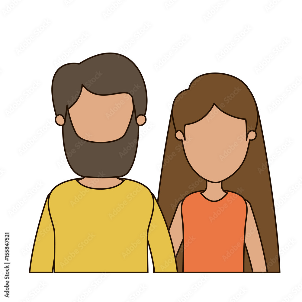 colorful caricature faceless front view half body couple woman with long hair and bearded man vector illustration colorful caricature faceless front view half body couple woman with long hair and bearded man vector illustration
