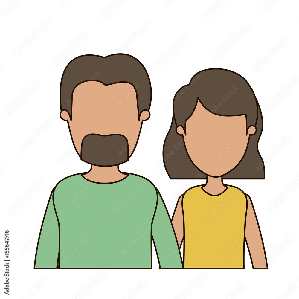 colorful caricature faceless front view half body couple woman with short hair and bearded man vector illustration colorful caricature faceless front view half body couple woman with short hair and bearded man vector illustration