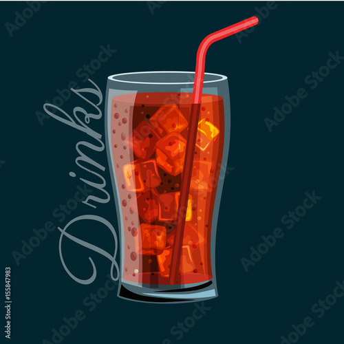 Brown carbonated soft drink in a glass, Does not contain alcohol, Cold with ice and a straw in a glass bowl Vector illustration for a concept of fast food.