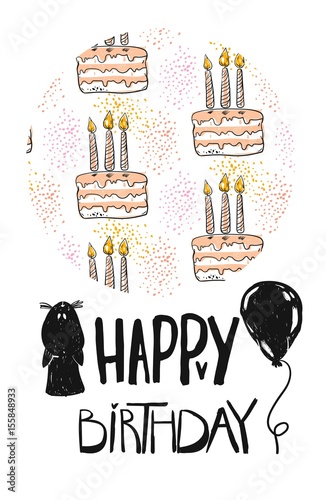 Hand drawn vector Happy Birthday greeting card template with birthday cake,candles,balloons and cartoon black cat